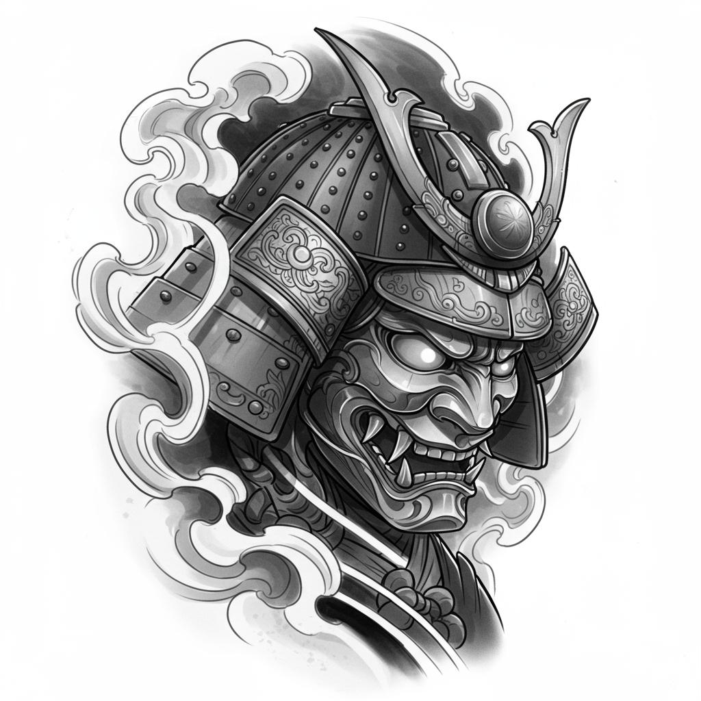 3/4 view of a warrior wearing a scary Menpu and a sophisticated kabuto, engulfed in smoke