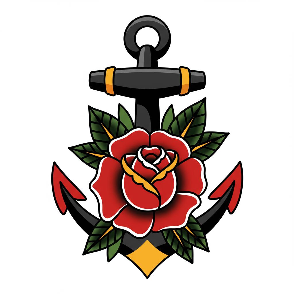 An anchor and a flower in the center