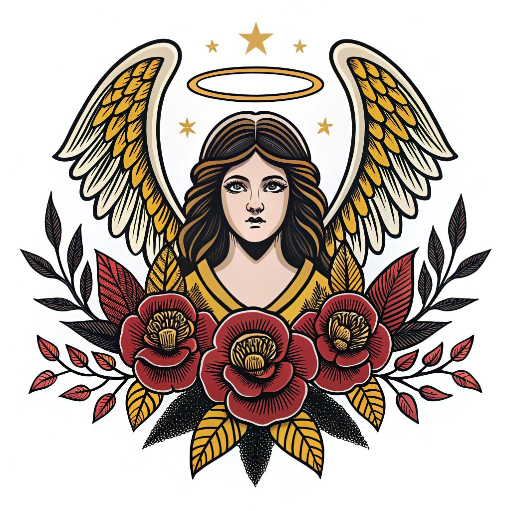 An angel with a halo and peonies below