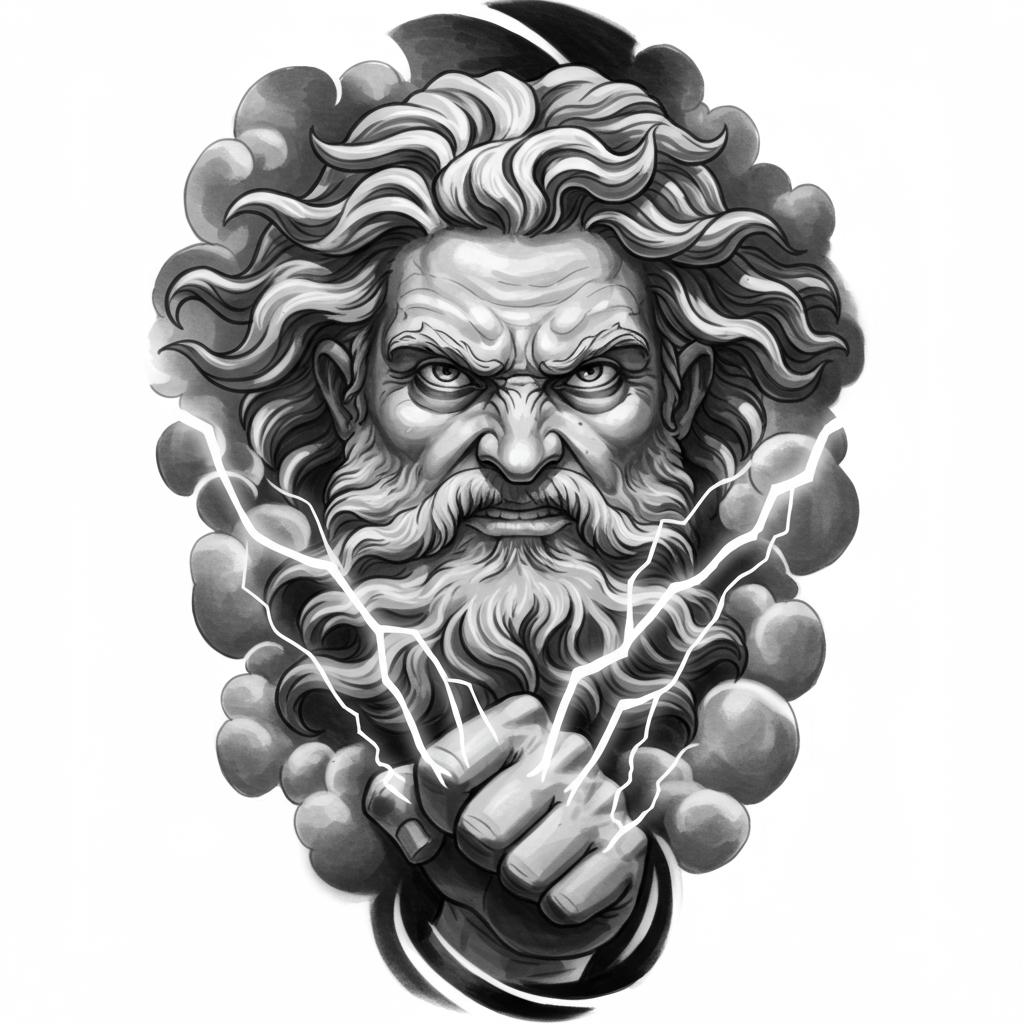 angry zeus portrait, lightning 