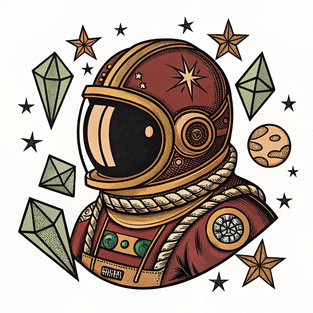 An astronaut with a star-framed helmet