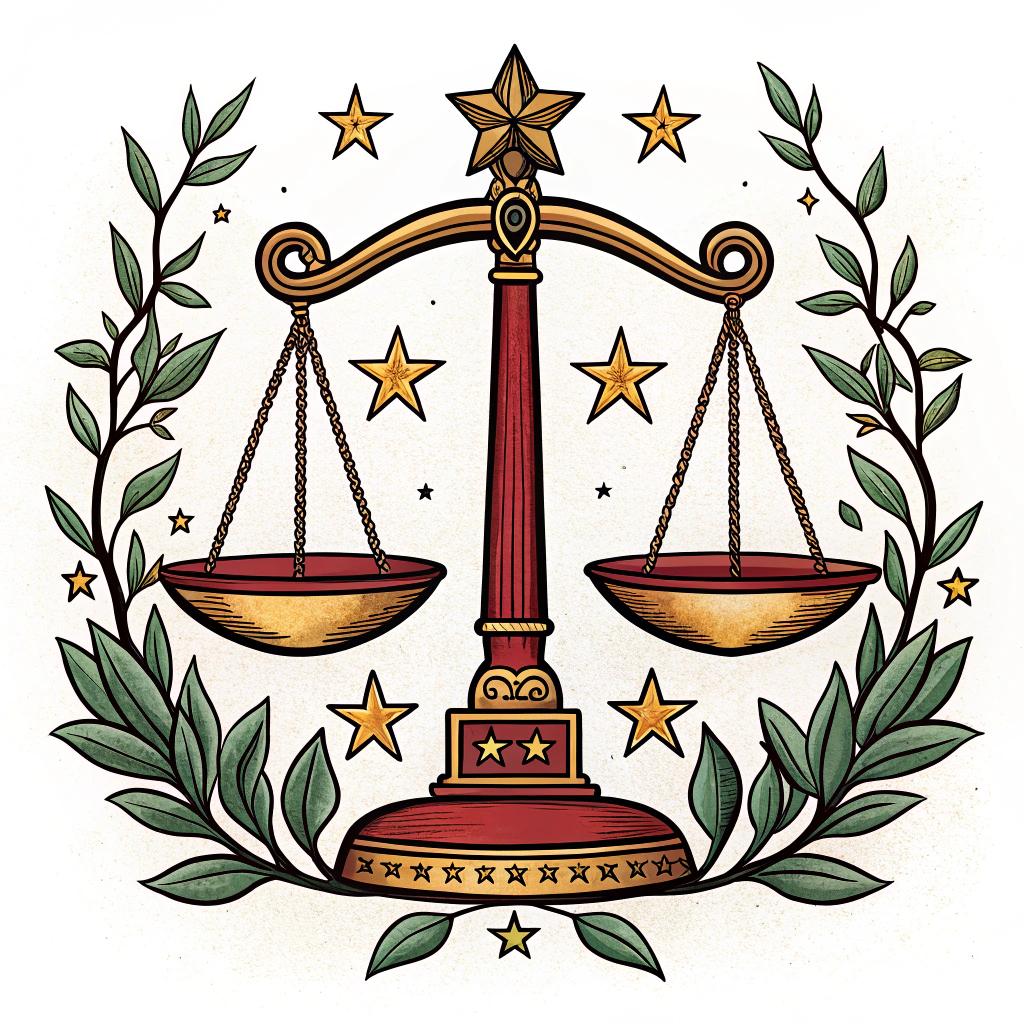 Balanced scales surrounded by vines and stars