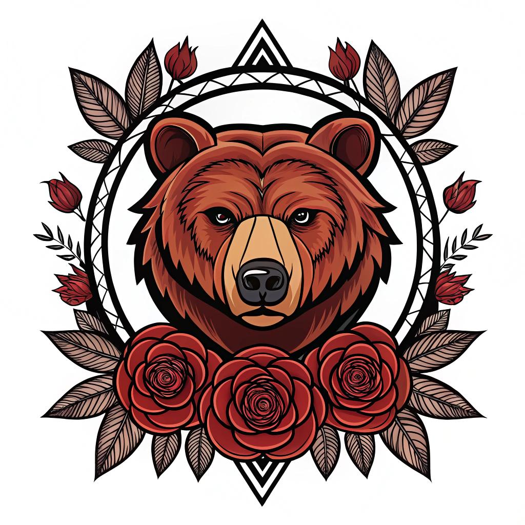 A bear head with rose accents and bold frame