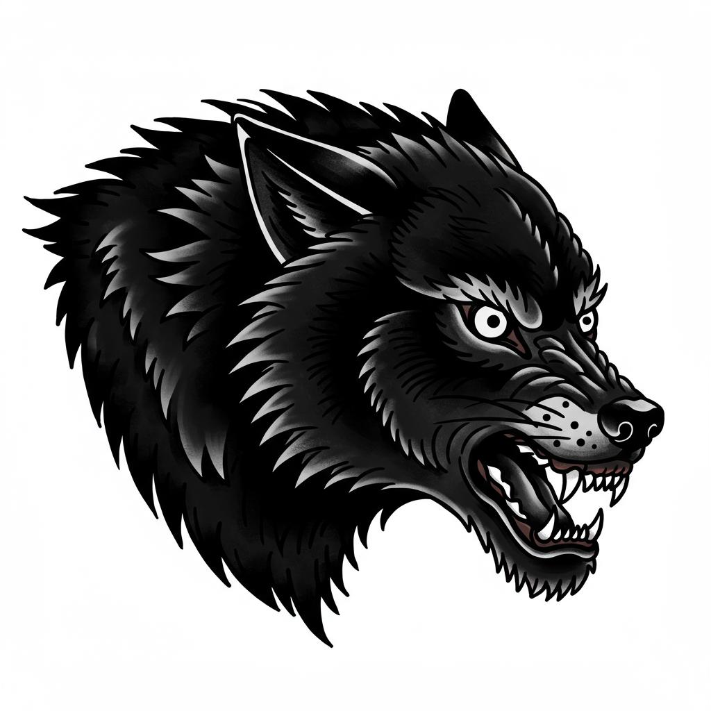A black&white, fierce looking black wolf, 3/4 view