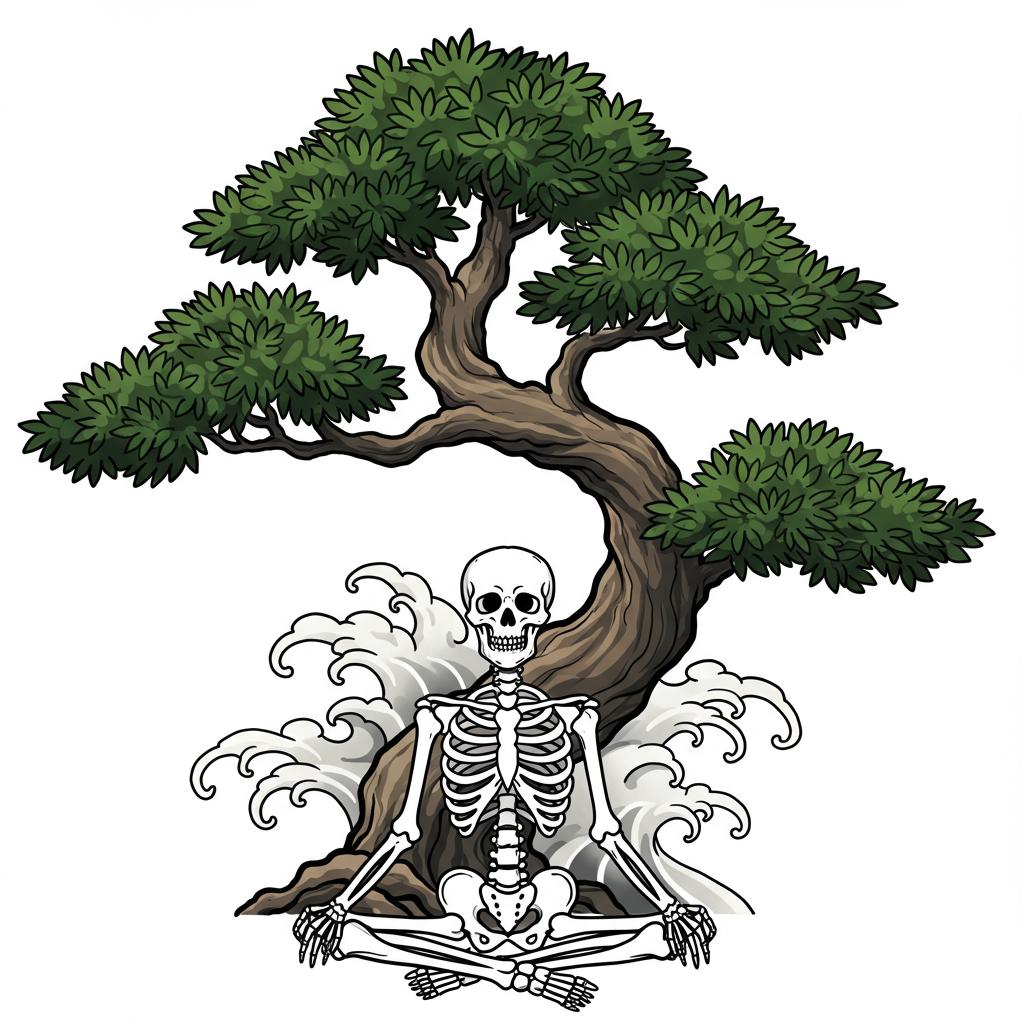 a bonsai tree and a skeleton