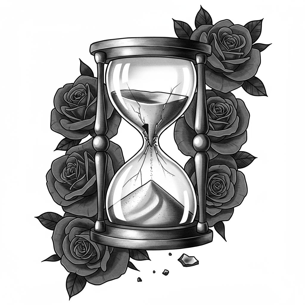 a broken hourglass surrounded by black roses