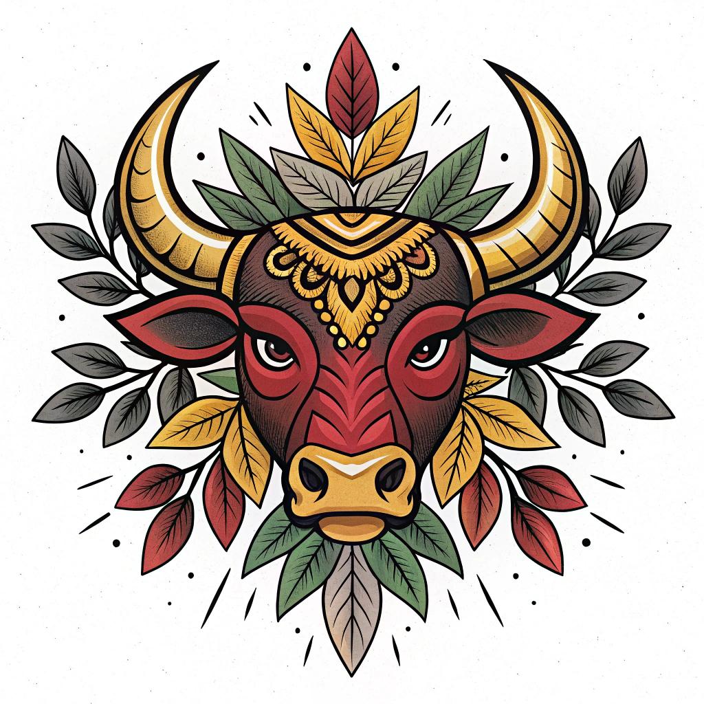A bull head with gold details and leaves