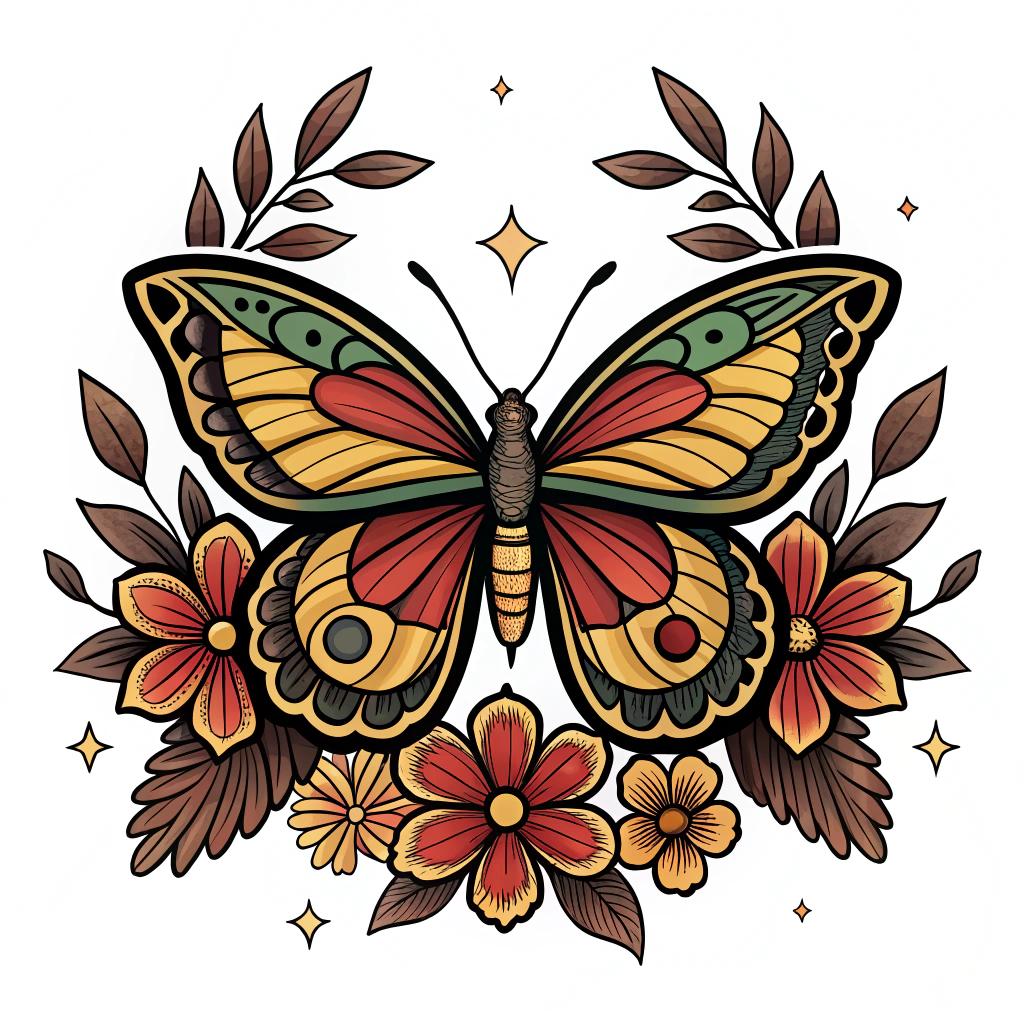 A butterfly with jewel-toned wings and florals