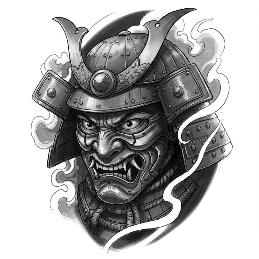 Close-up, portrait view of an angry samurai wearing a menpo mask, engulfed in smoke.