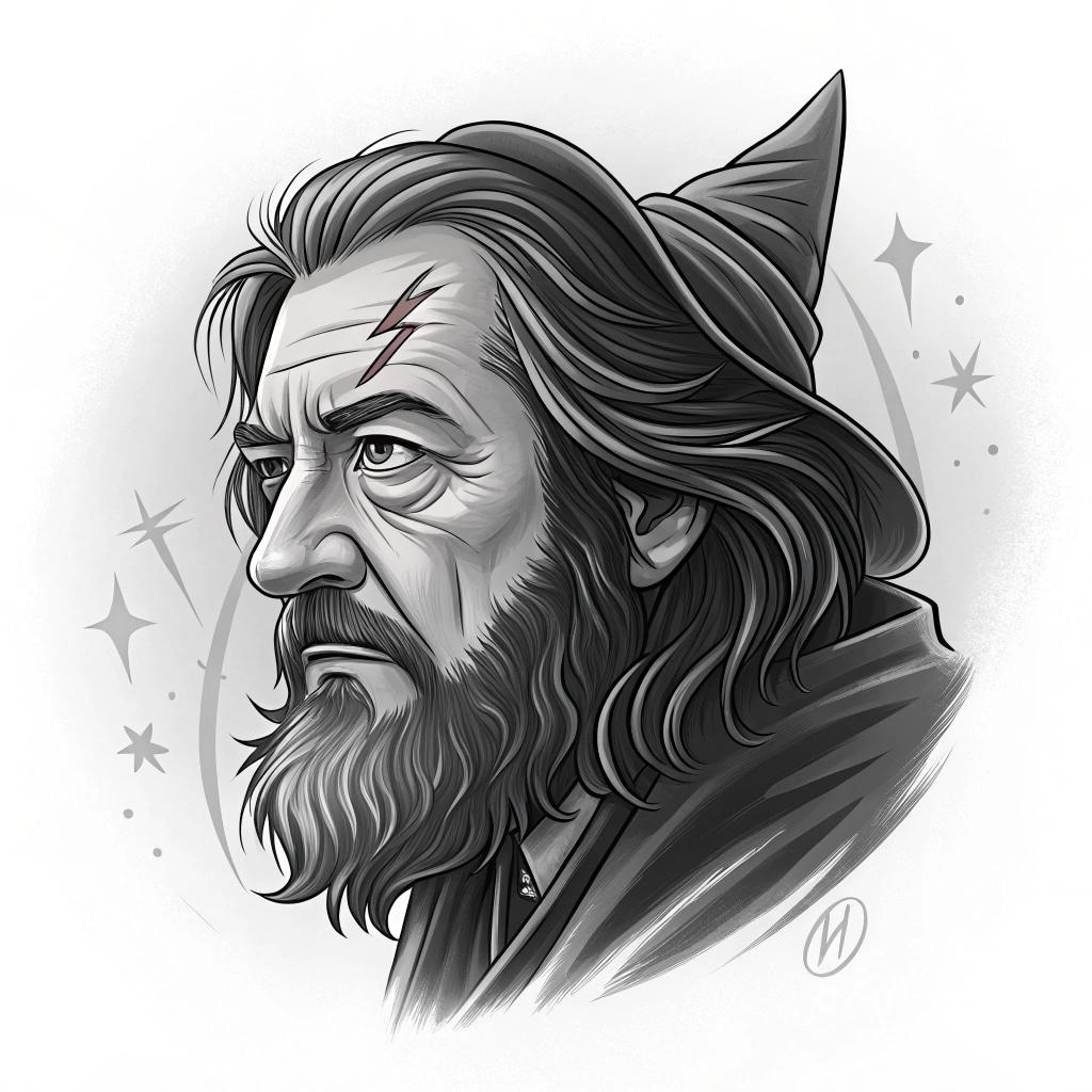 a close-up portrait of a wizard, with a scar on his eye-brow.