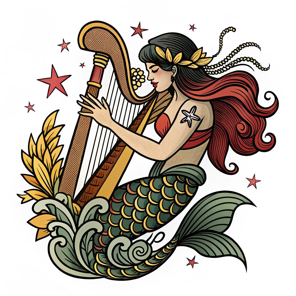 Close-up view of a siren holding a harp, isolated white background