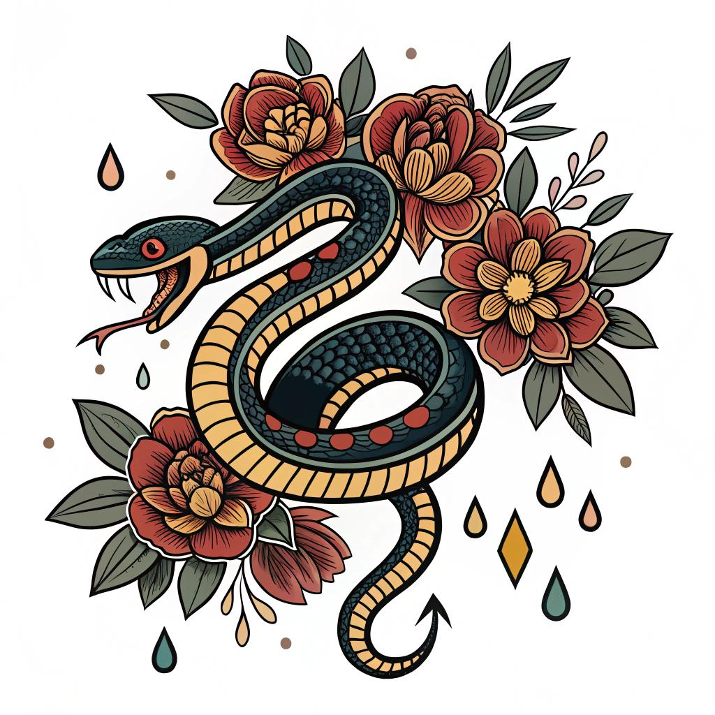 A coiled snake with floral framing and drops