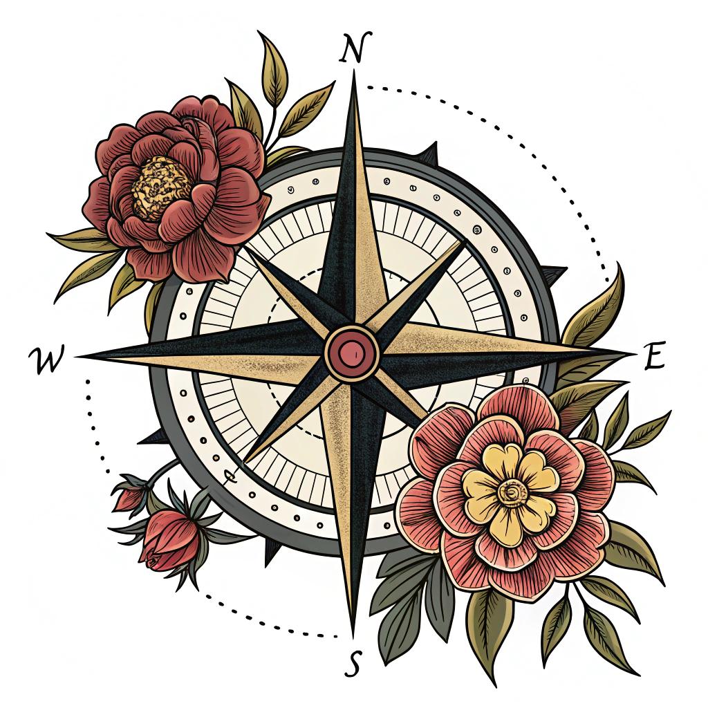 A compass with peony accents and gold lines