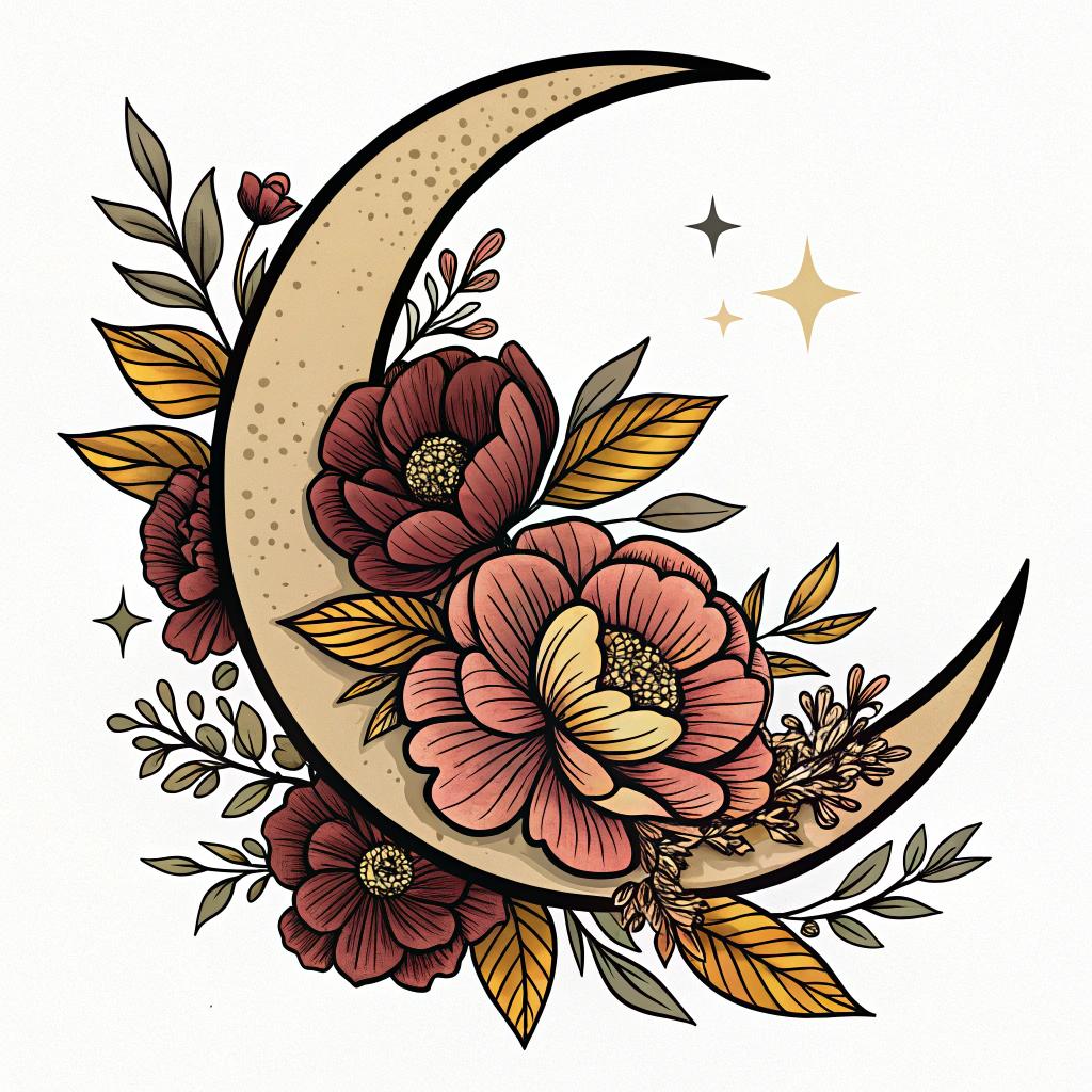 A crescent moon with floral decorations