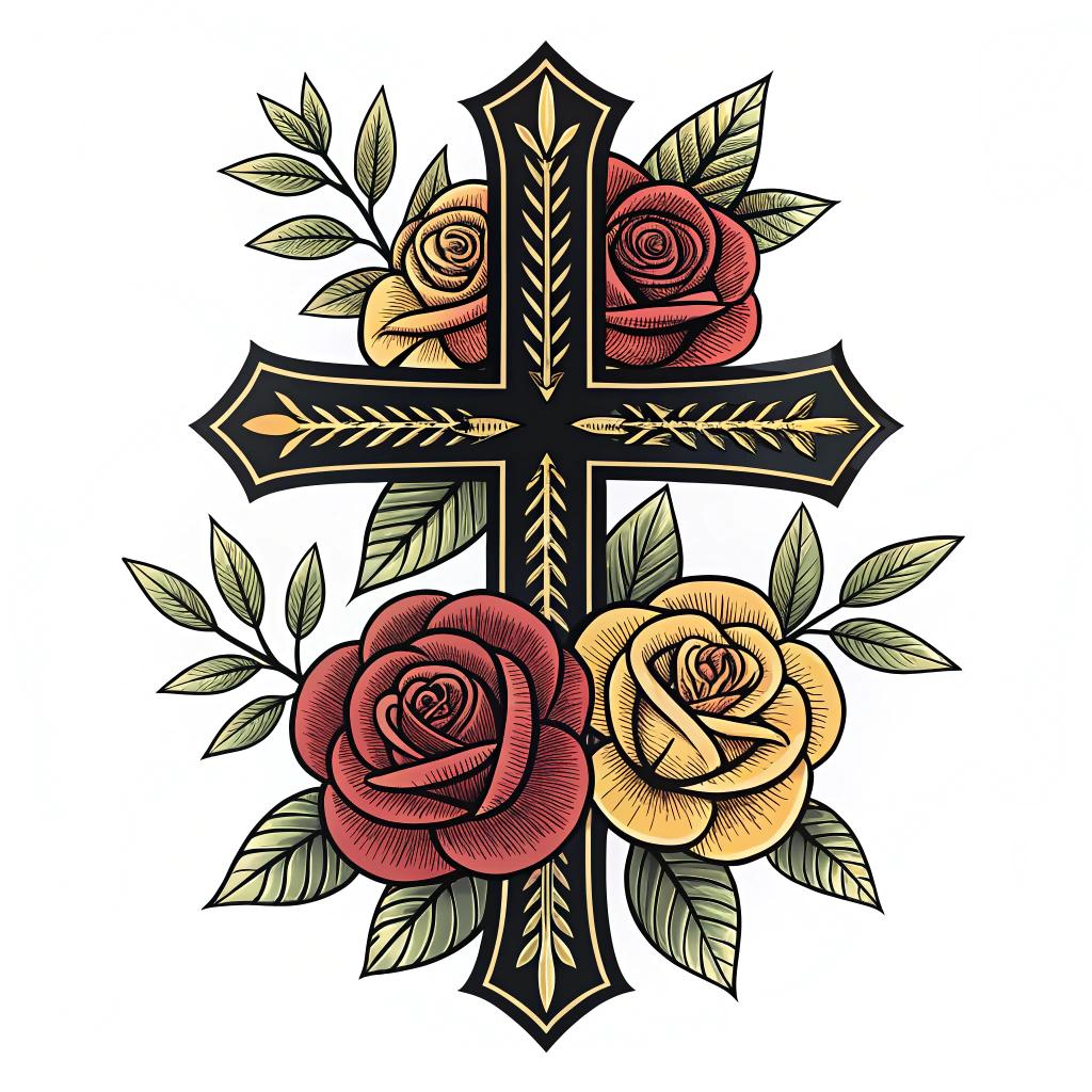 A cross with roses climbing around it