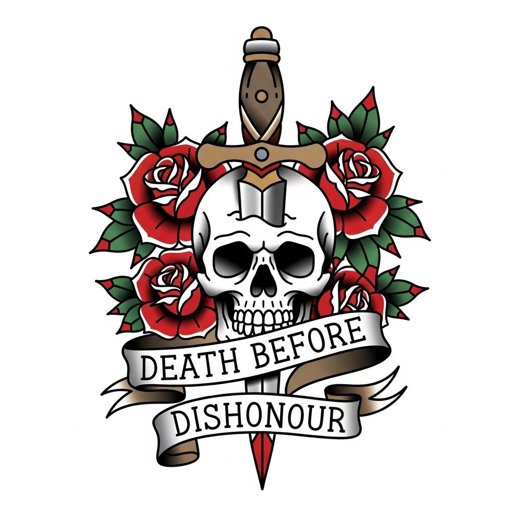 a dagger piercing a skull, surrounded with roses and a banner that reads "DEATH BEFORE DISHONOUR"