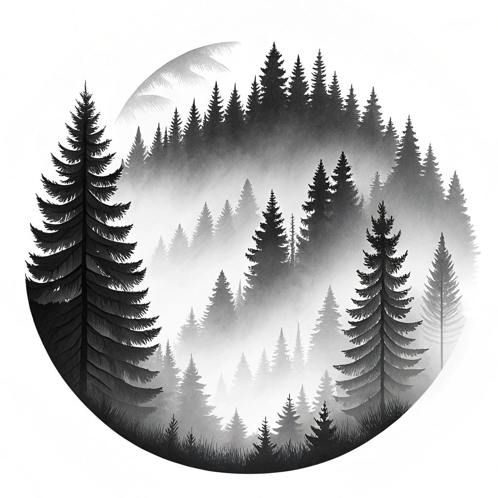 A dense forest with fog between trees