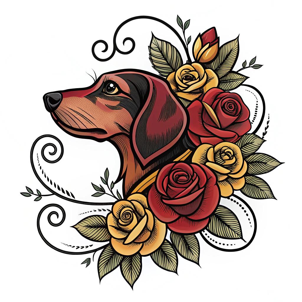 A dog head with roses and ornamental scrolls
