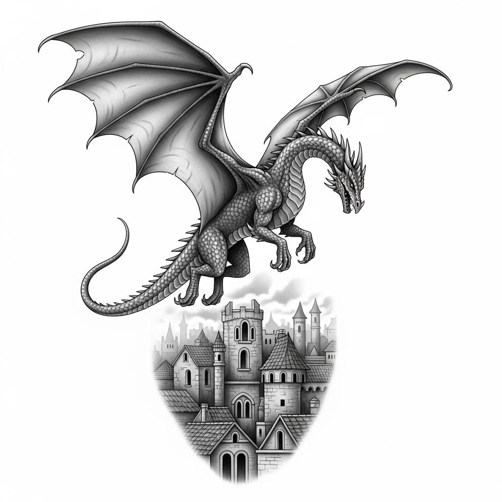 a dragon flying over a medieval city