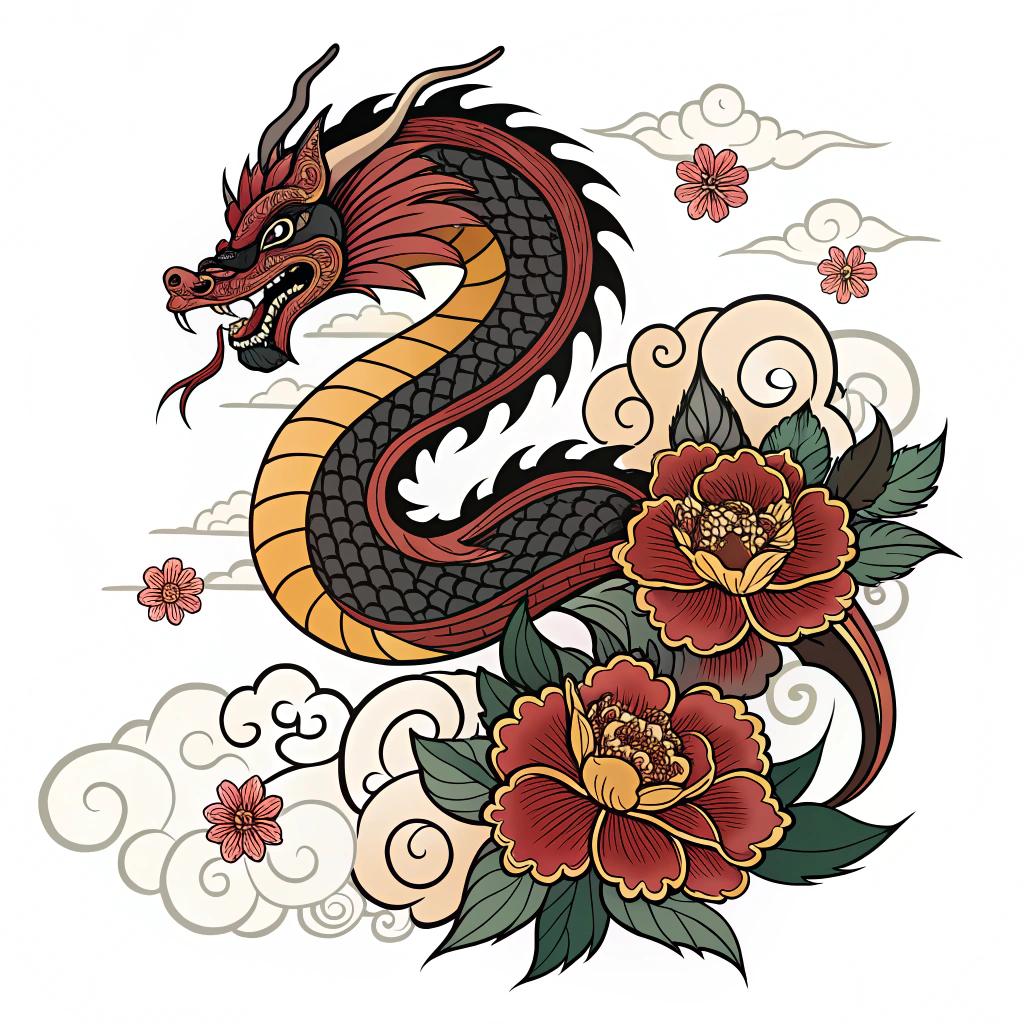 A dragon with ornamental clouds and petals