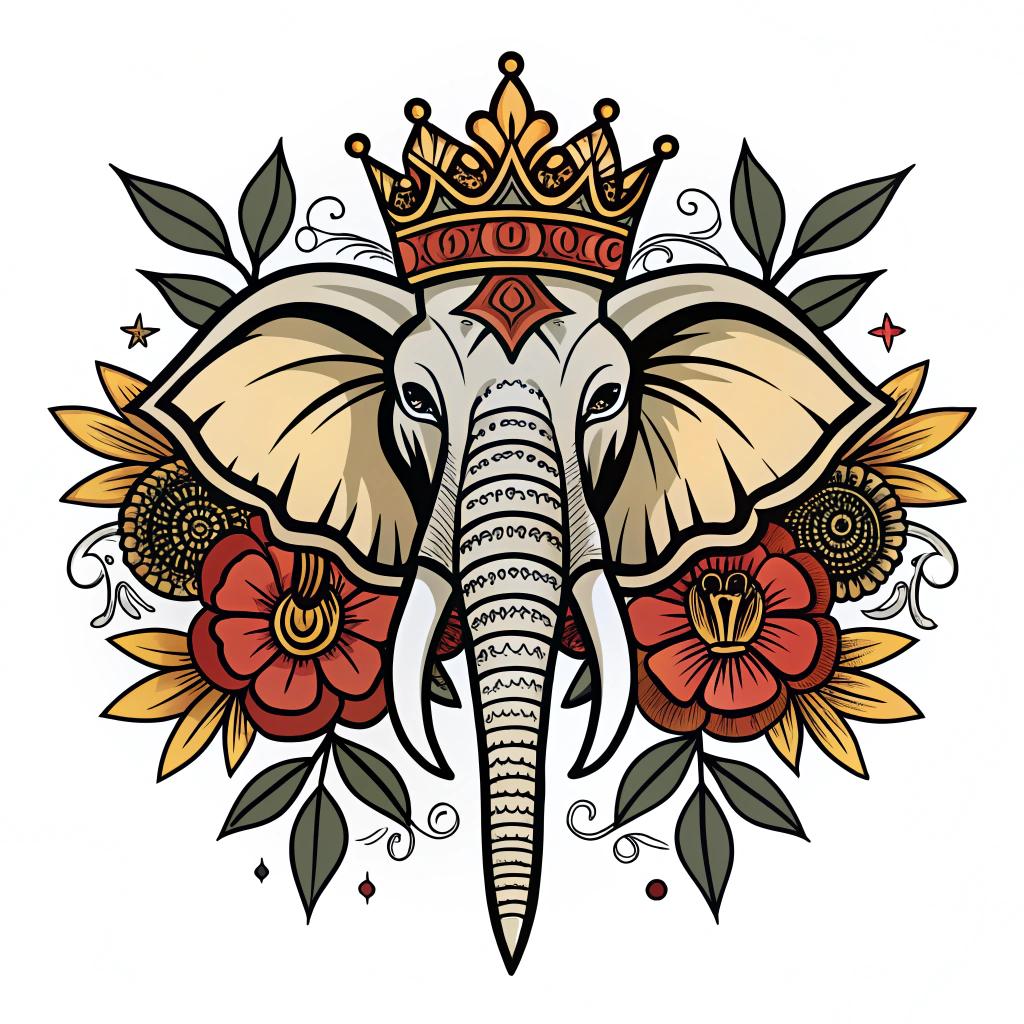 An elephant head with ornamental crown and florals