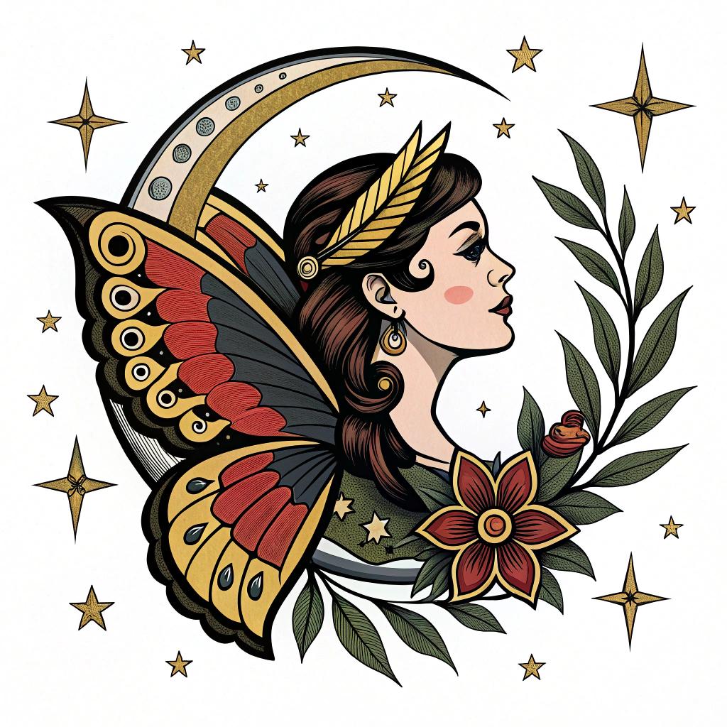 A fairy with decorative wings and moonlit frame