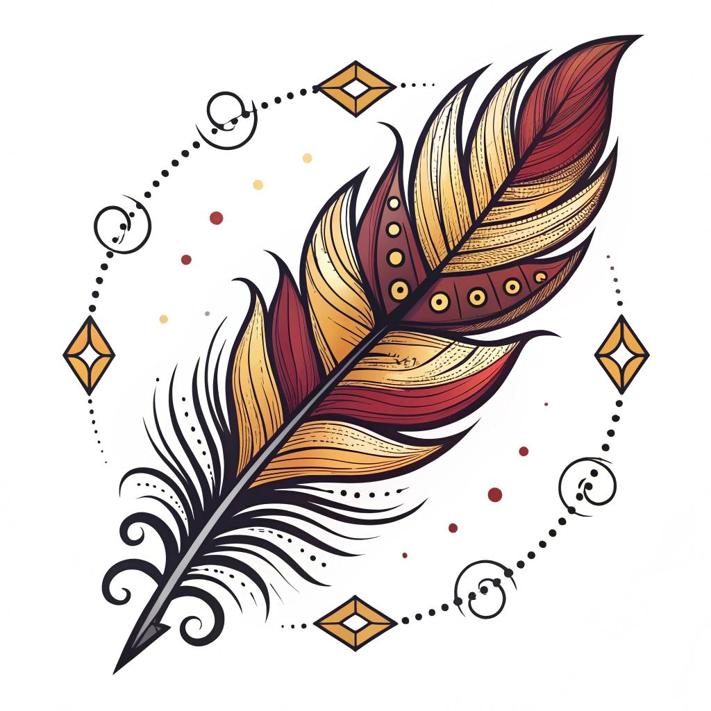 A feather with stylized curves and dots