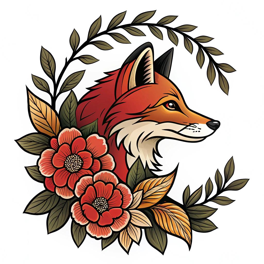 A fox head framed by curved leaves and peonies