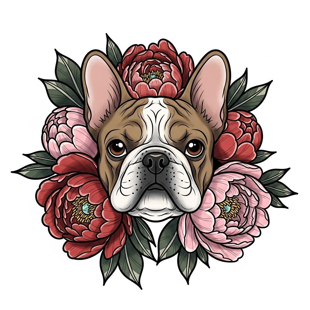 A French bulldog with peonies
