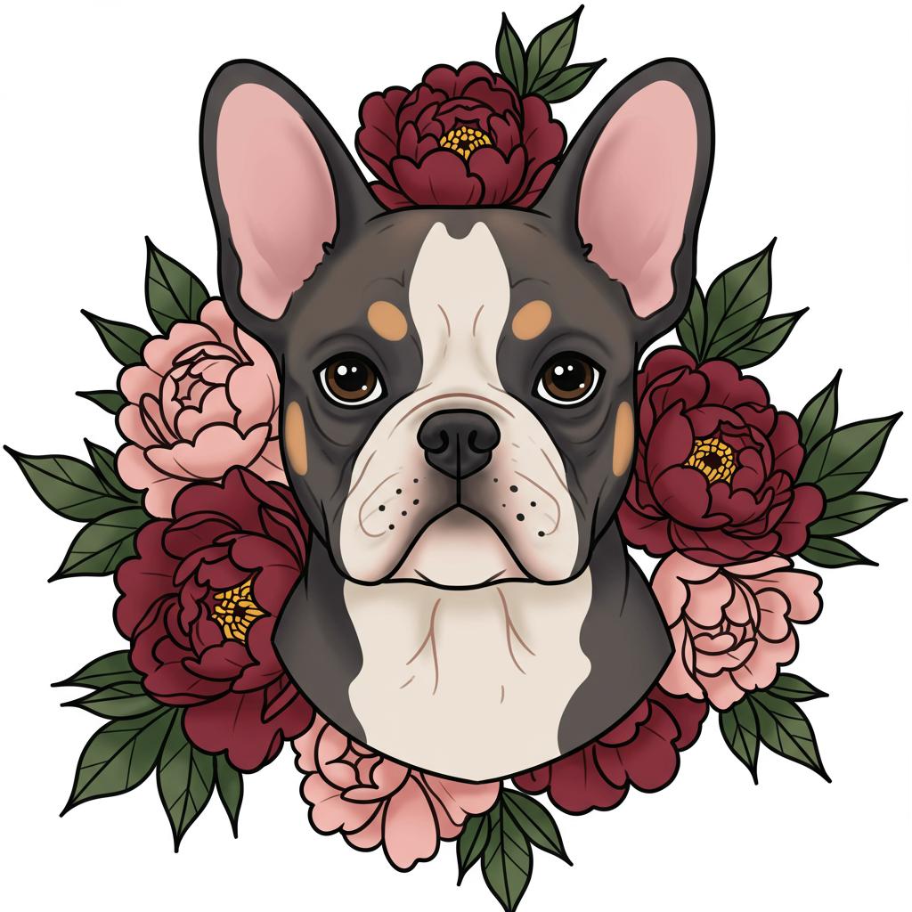 a french bulldog surrounded with peonies