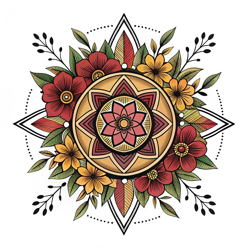 A geometric mandala with floral extensions
