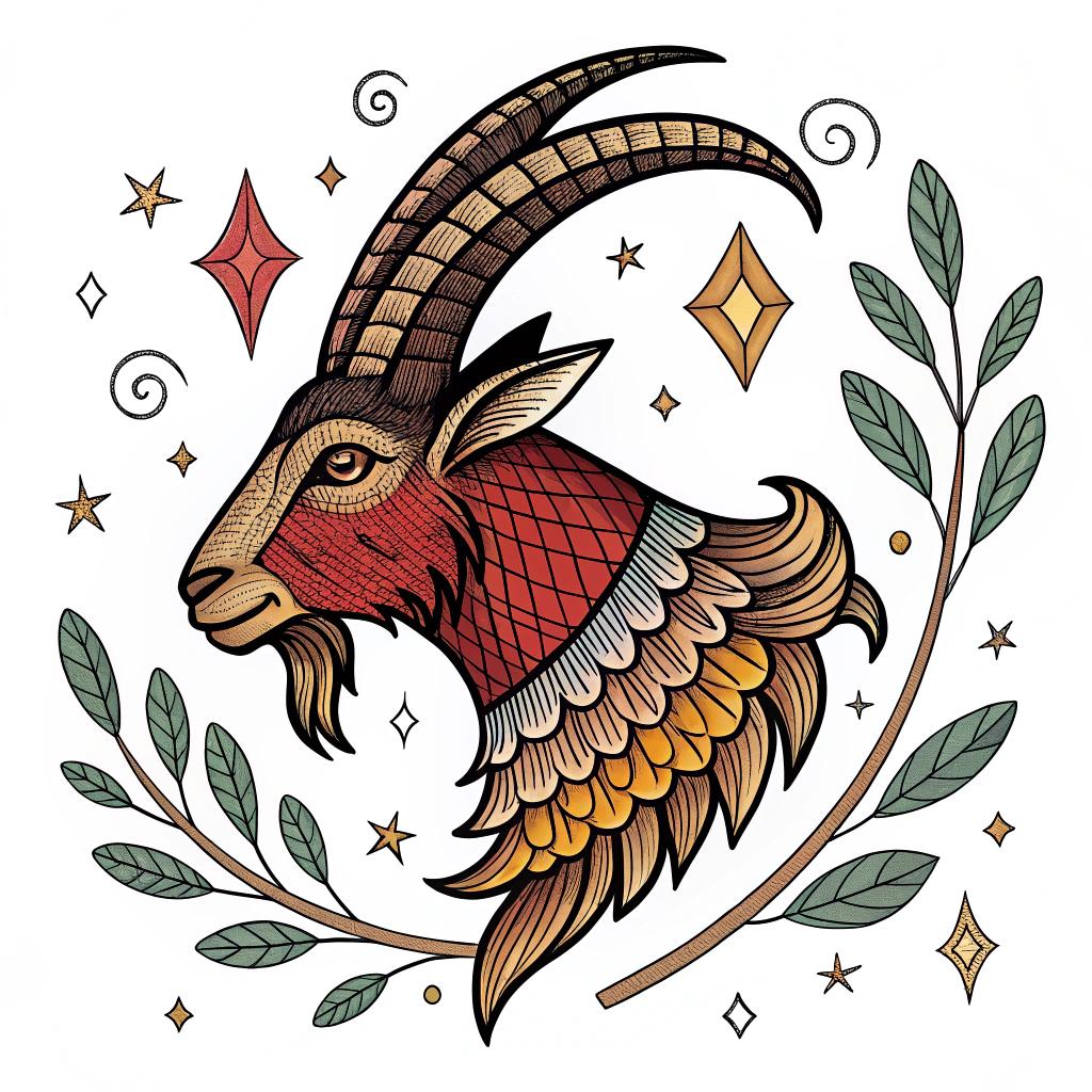 A goat-fish hybrid framed with scrollwork