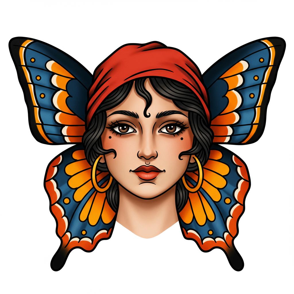 a gypsy face with butterfly wings