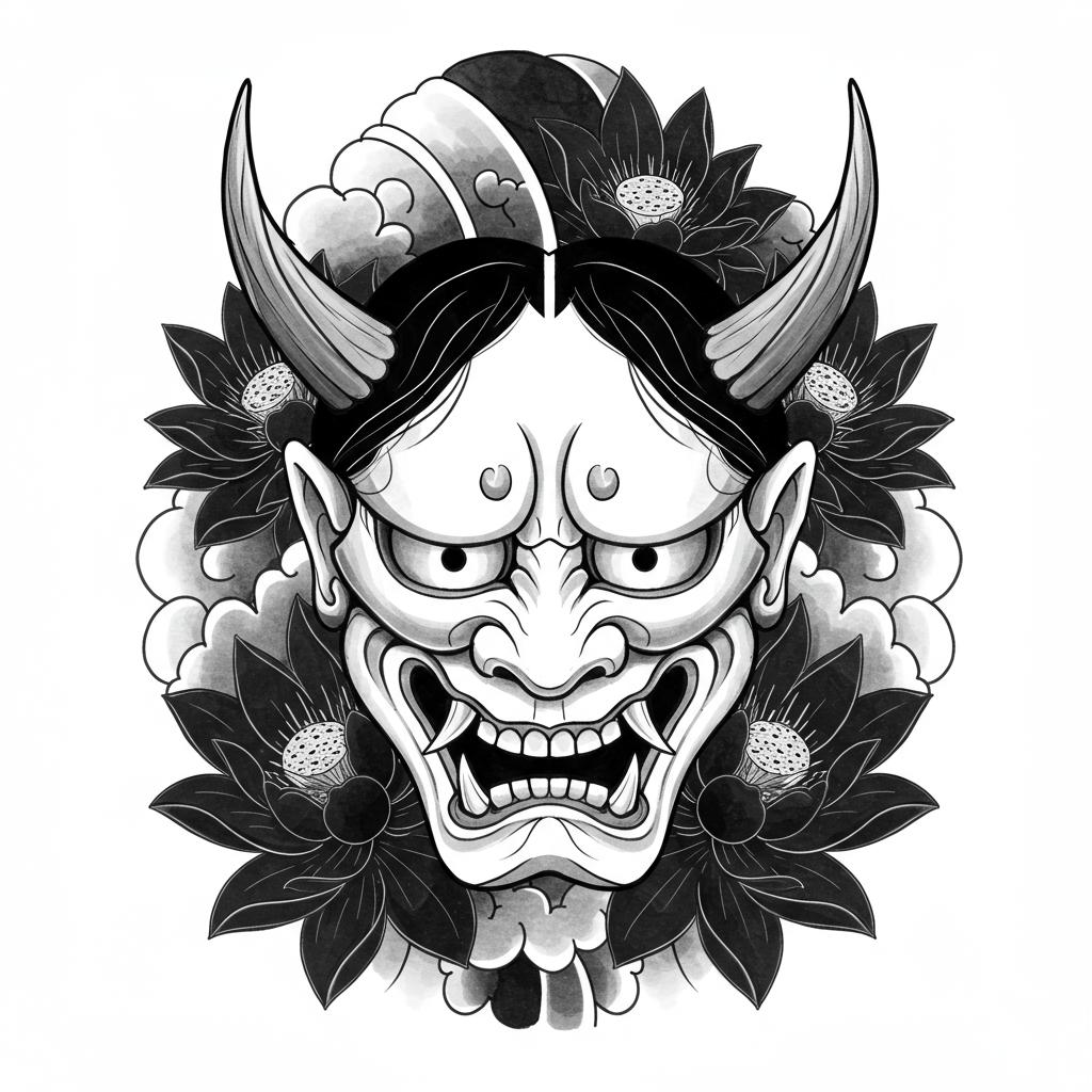 an hannya mask surrounded by black lotus flowers