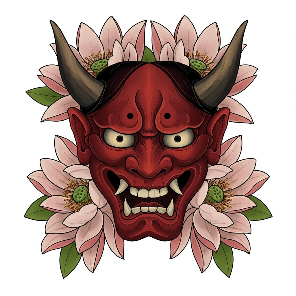 an hannya mask surrounded by lotus flowers