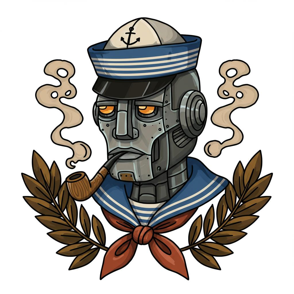 headshot of a sailor robot smoking a wooden pipe