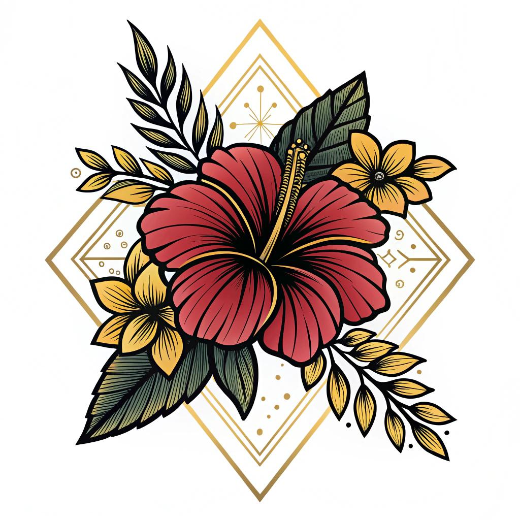 A hibiscus with accent leaves and gold border
