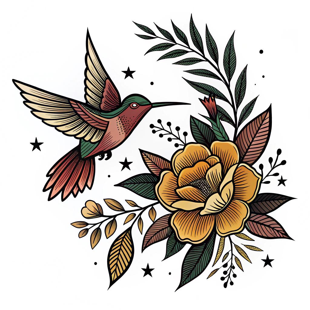 A hummingbird flying near a blooming flower