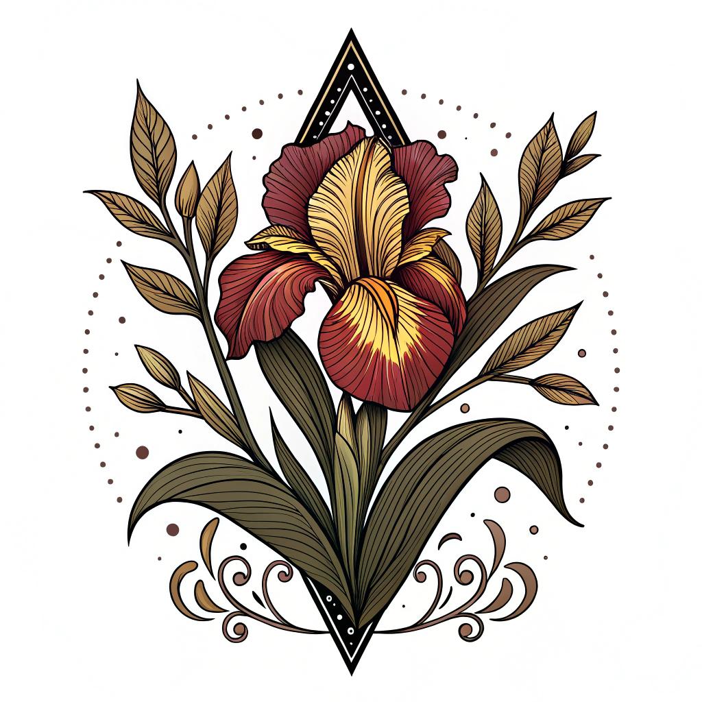 An iris bloom with baroque leaf shapes