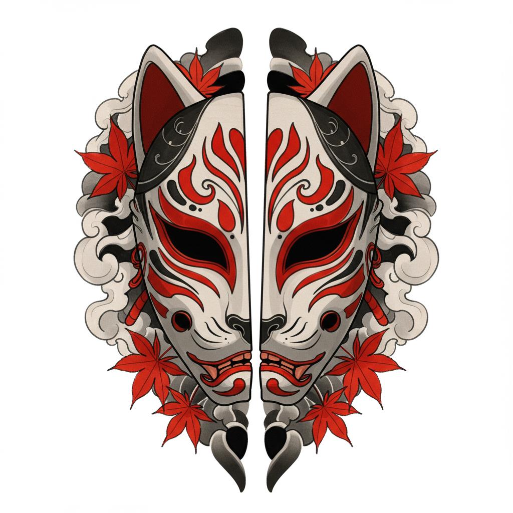 an kitsune mask split in two