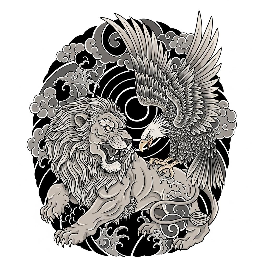 lion and eagle with spiritual powers behind and darkness around.