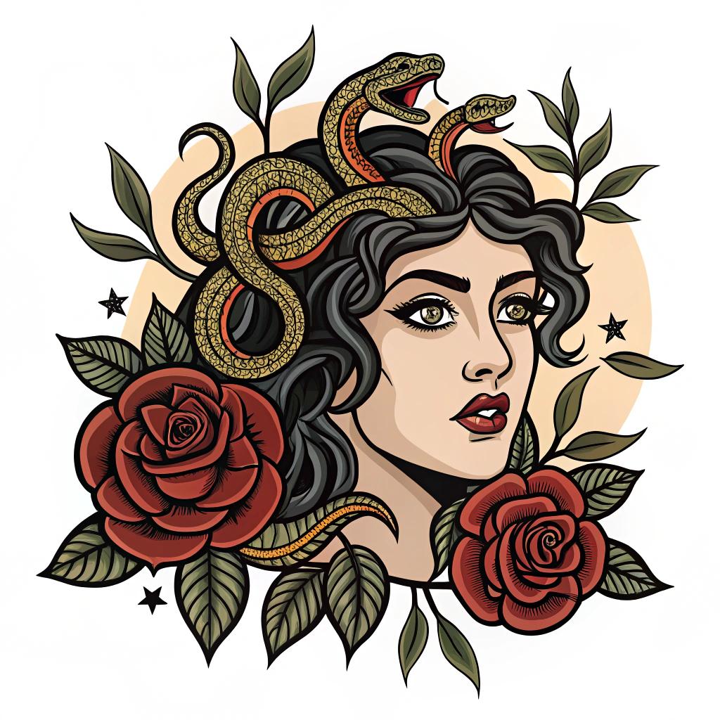 Medusa with snakes and roses framing her face