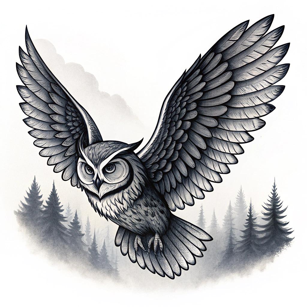 An owl flying through a misty forest