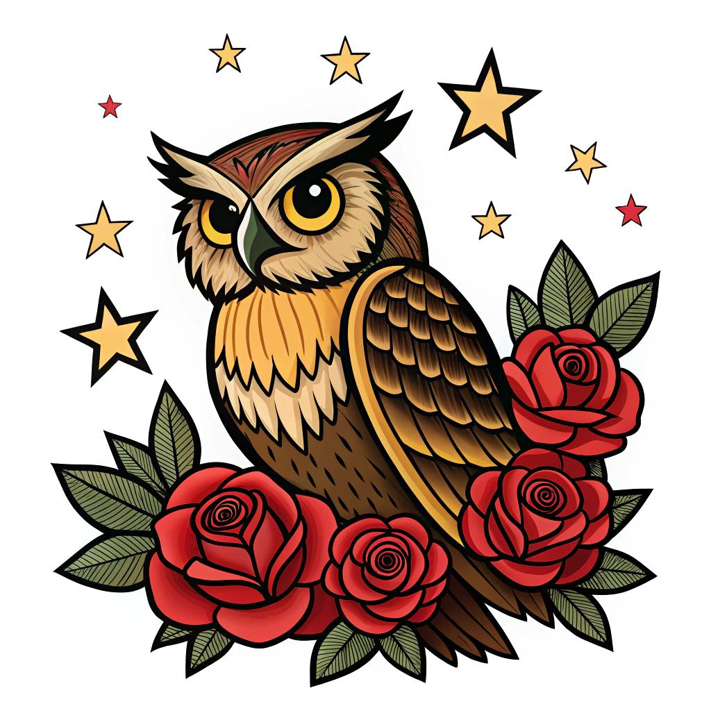 An owl surrounded by stars and red roses