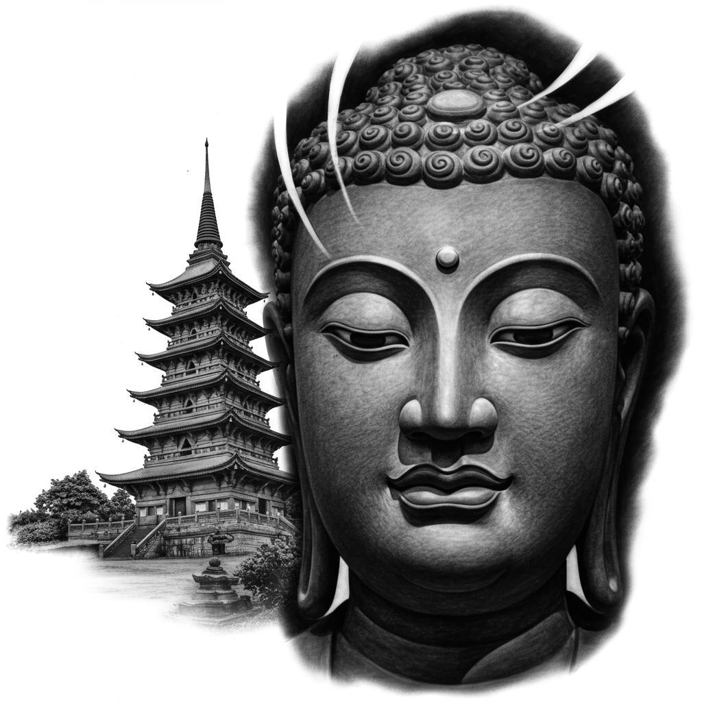 a pagoda in the distance with a buddha statue face in the front