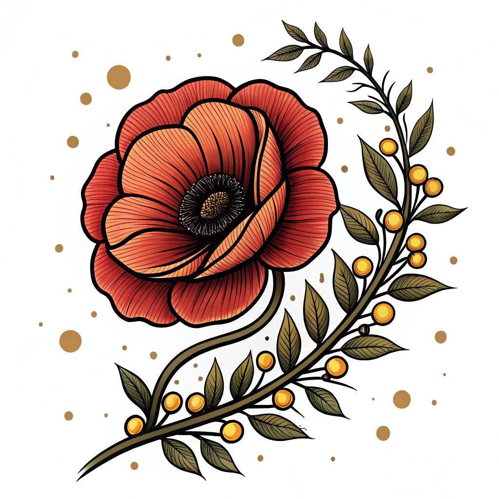 A poppy flower framed with vines and dots