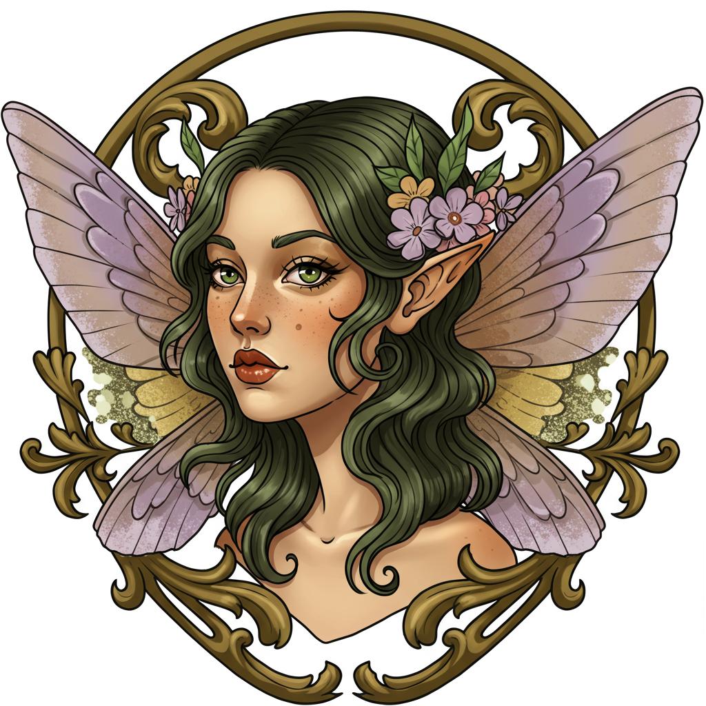 a portrait of a fairie surrounded with artnouveau ornaments