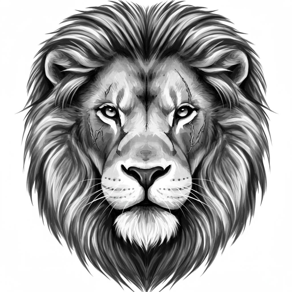 portrait of a lion with battle scars on its face.