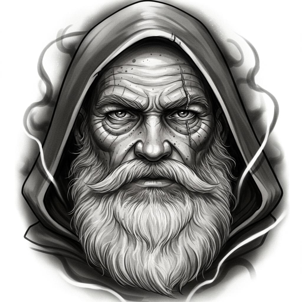 portrait of an  old wizard with a scar on his eyebrow