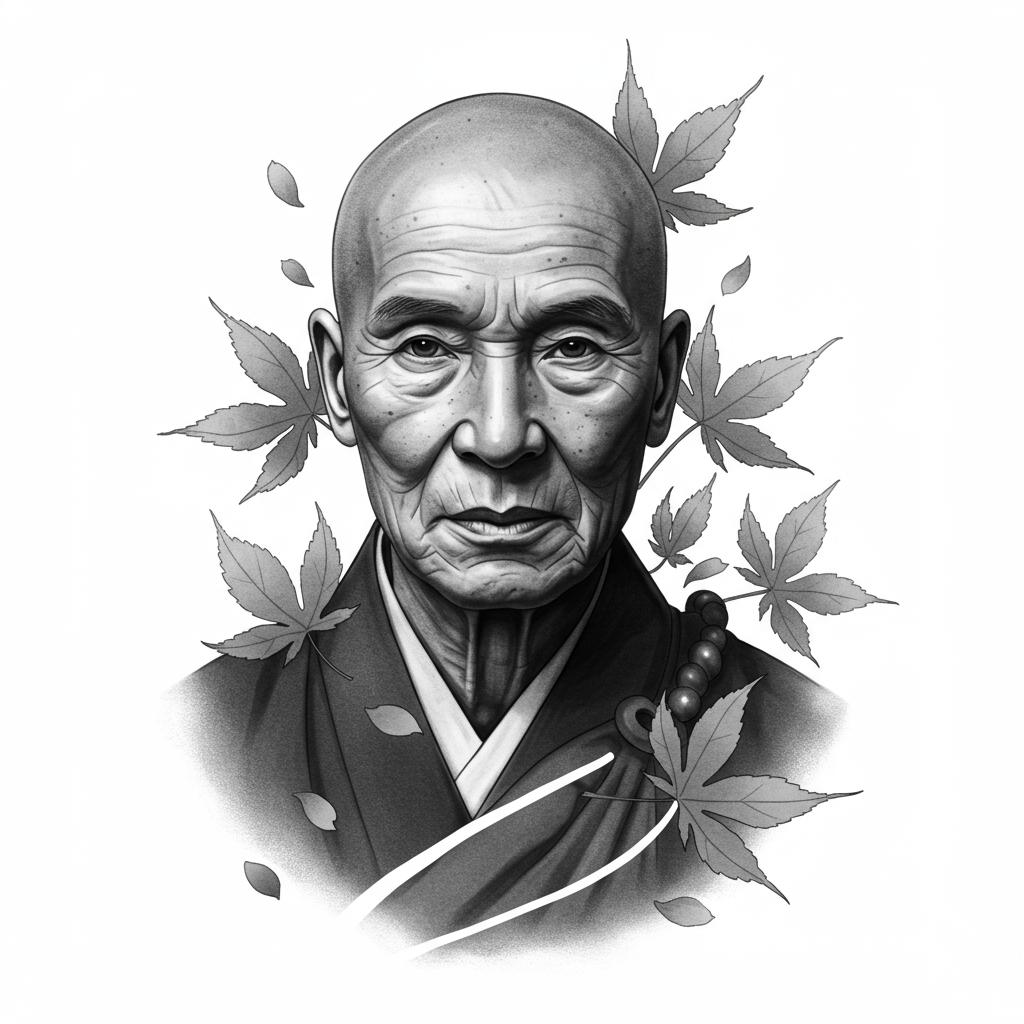 portrait of a shinto monk and sakura leaves